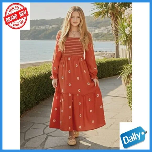 Girls Maxi Dress Boho Floral Long Sleeves Smocked Square Neck 5-14Y - Picture 4 of 7